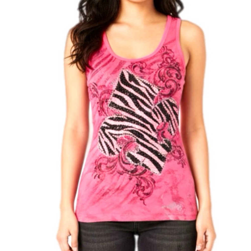 Katydid Large Pink Zebra Print Women's Tank Top Flux Rhinestone‎ - 2343